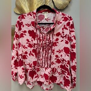 Matilda Jane 1/2 Button Blouse Large Red Pink Floral Blouse Top Jeweled Buttons